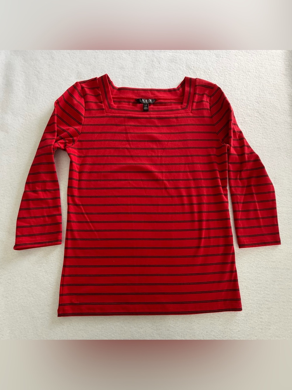 Lauren Ralph Lauren Red and Black Striped Square-Neck 3/4 Sleeve Top. Size L